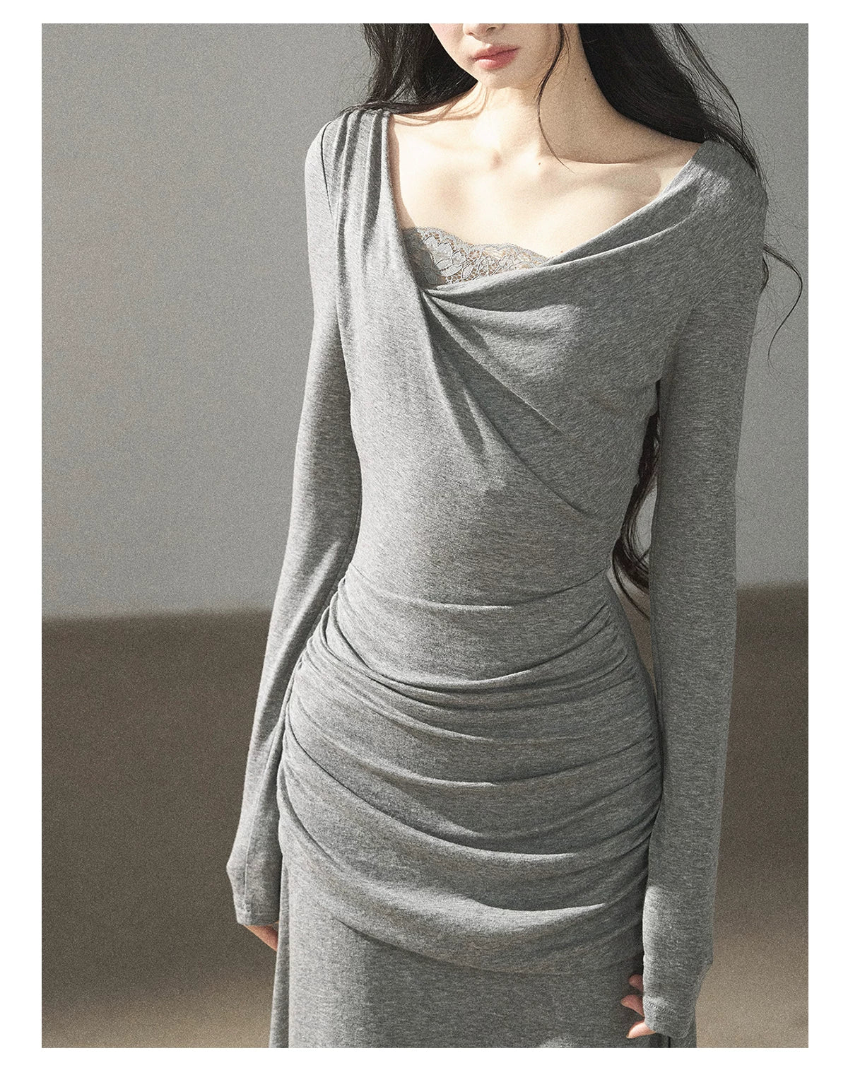 AOMALM - "Still River Cove" Cloud Mist Gray French-Inspired Lace Maxi Dress