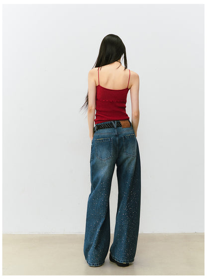 VIAPITTI - Statement Rhinestone Wide-Leg Jeans (White/ Blue)