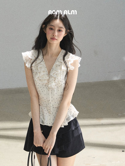 "Falling Into the Galaxy" Cream Ivory Polka Dot Chiffon Blouse