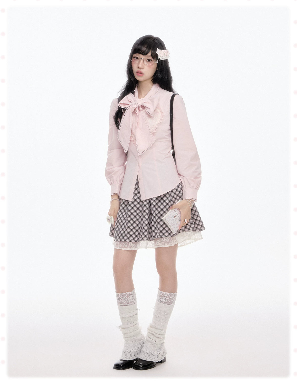 “Melody Academia” Pink Blazer + Blush Pink Shirt + Black & White Plaid Skirt Set