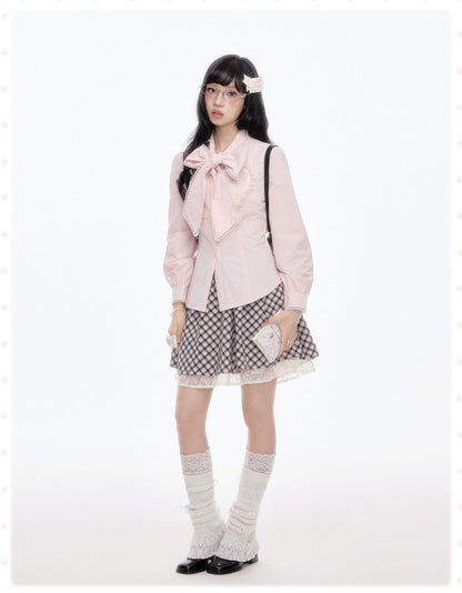 “Melody Academia” Pink Blazer + Blush Pink Shirt + Black & White Plaid Skirt Set
