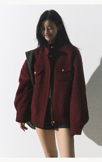 OAKMOO/ "Plum Blossom Mood" Angora Red Wool-Blend Harrington Jacket