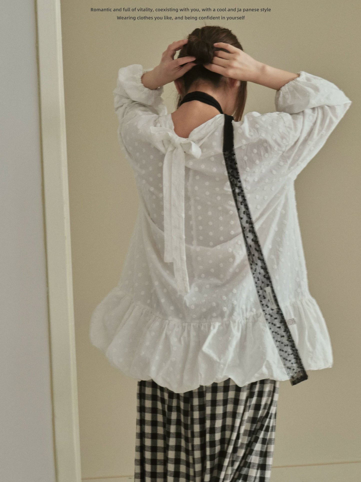 "Blooming Mist" White Textured Polka Dot Tie-Waist Bubble Midi Dress
