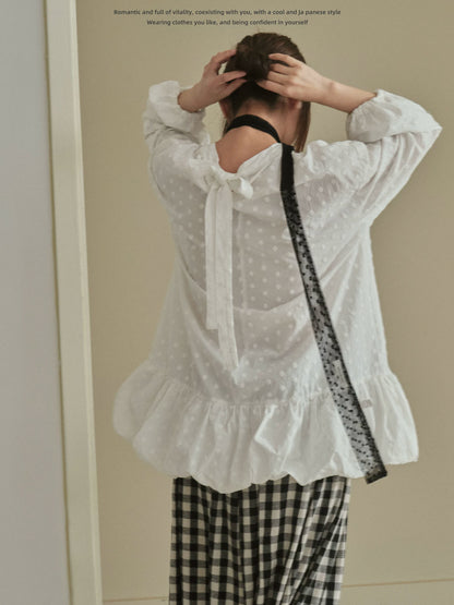 "Blooming Mist" White Textured Polka Dot Tie-Waist Bubble Midi Dress