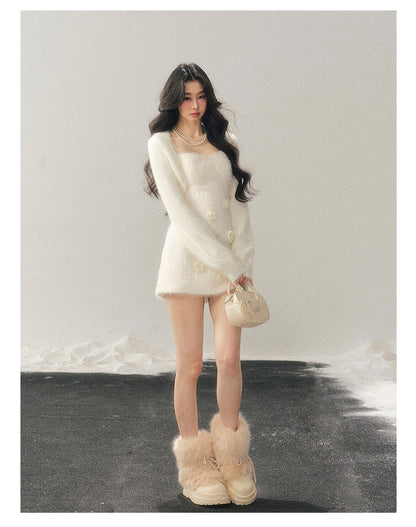少也眼 "She Steps Through Frostlight" French 3D Floral Faux Mink Mini Dress - Camellia White