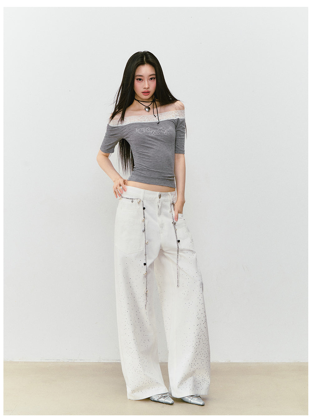 VIAPITTI - Statement Rhinestone Wide-Leg Jeans (White/ Blue)