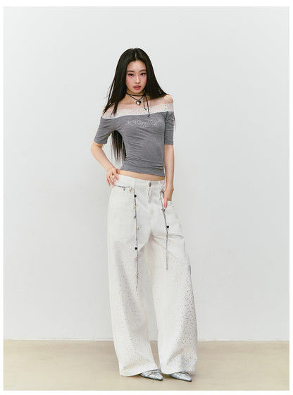 VIAPITTI - Statement Rhinestone Wide-Leg Jeans (White/ Blue)