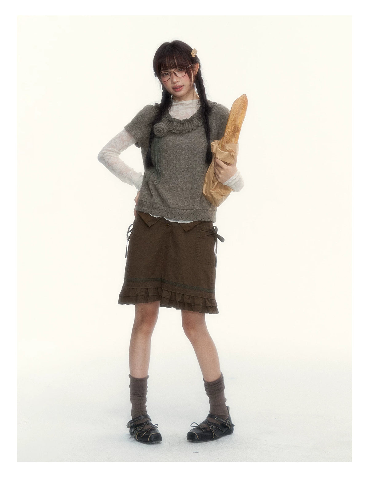 “Everyday Mist” Jacquard Lace Layering Top ( Ivory / Fog Gray )