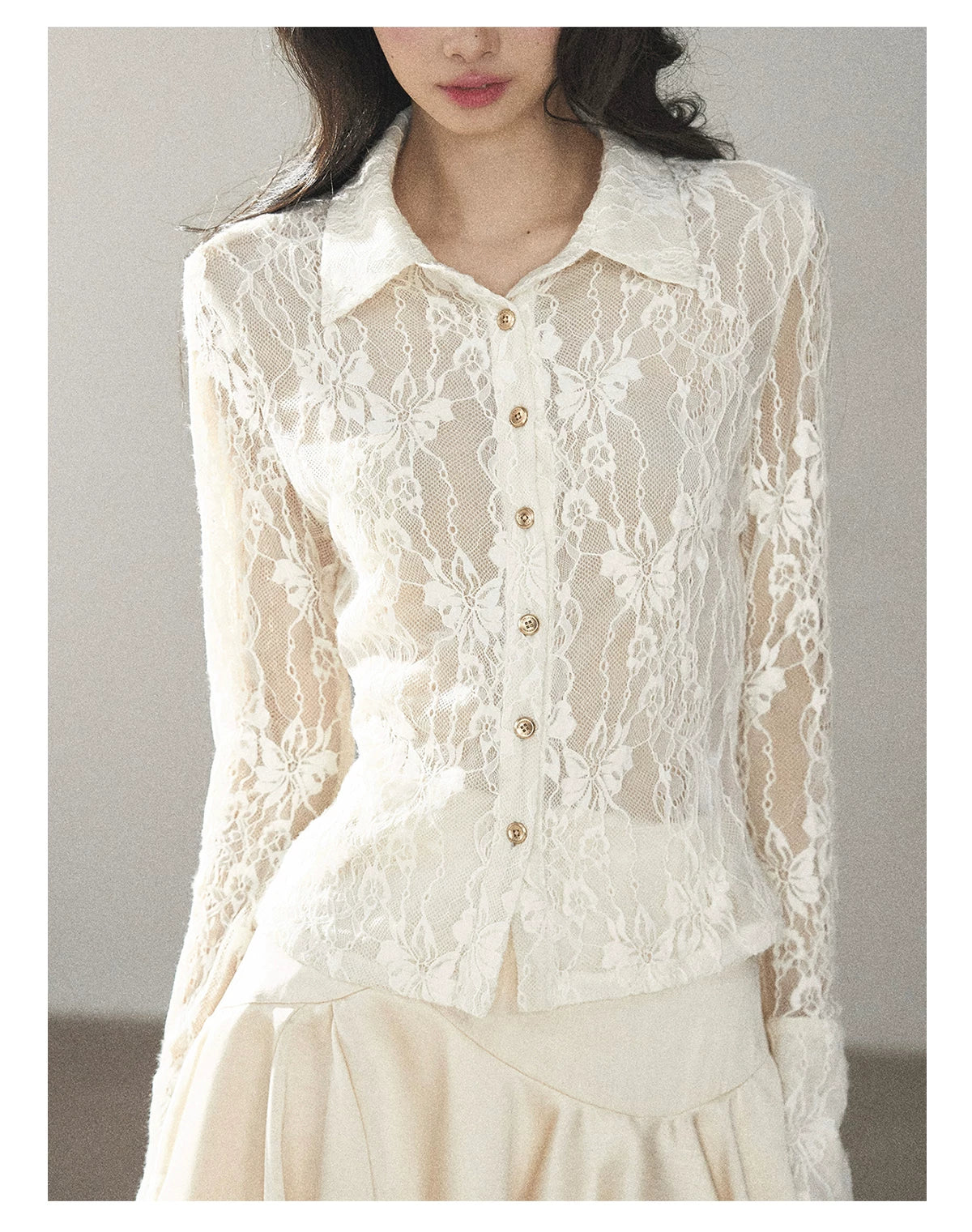 AOMALM - "Vine Texture" Dutch Cream French Lace Polo Collar Cutout Cropped Top