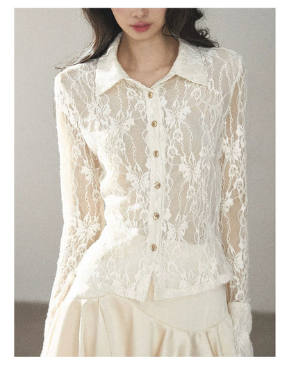 AOMALM - "Vine Texture" Dutch Cream French Lace Polo Collar Cutout Cropped Top