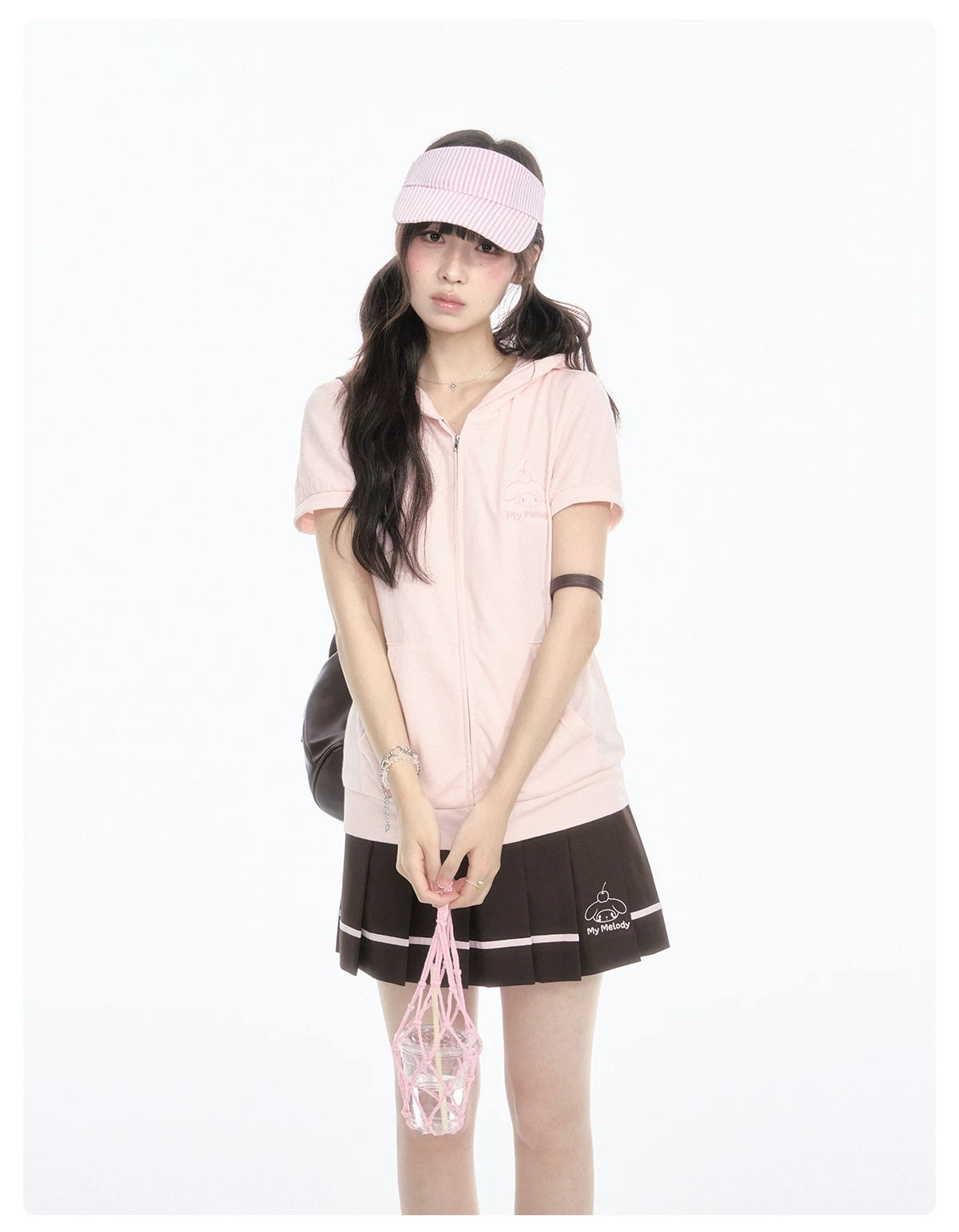 "Strawberry Daydream" Pink Hooded Zip-Up & Brown Skirt Set