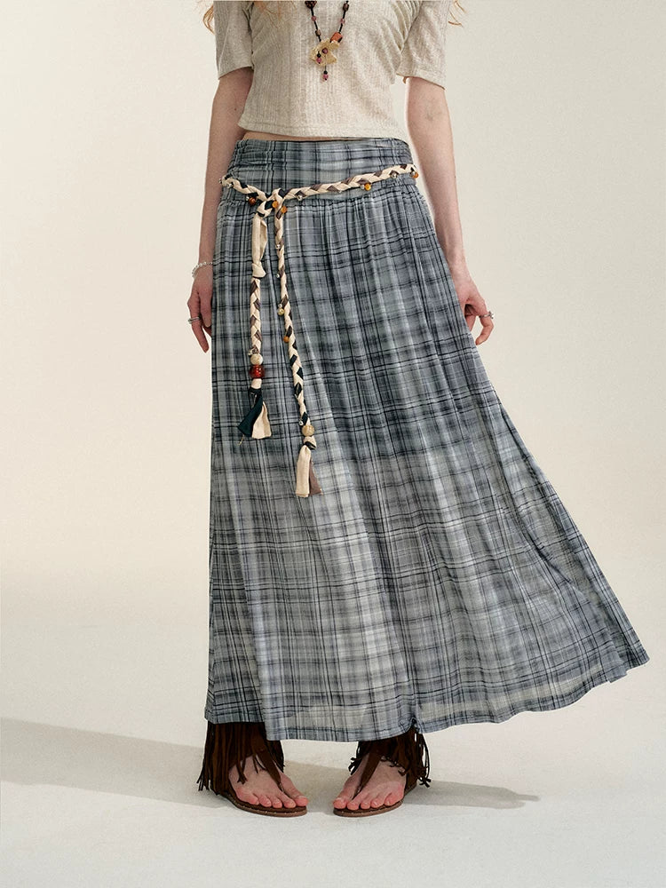 Gray Contrast Plaid A-Line Maxi Skirt