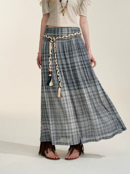 Gray Contrast Plaid A-Line Maxi Skirt