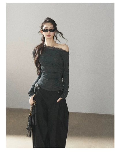 AOMALM - "Midnight Glow" Black Striped Satin Wide-Leg Pants