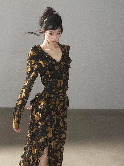 AOMALM - Black & Golden Brown Floral Ruffle Maxi Dress with High Side Slit