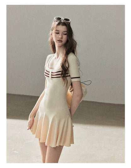 "First Date" Ivory Square Neck Knit Pleated Mini Dress