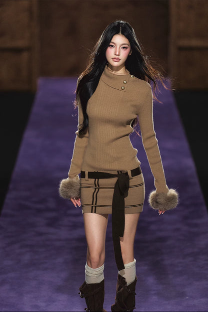 "Winter Whisper" Light Khaki Mock Neck Knit Mini Dress