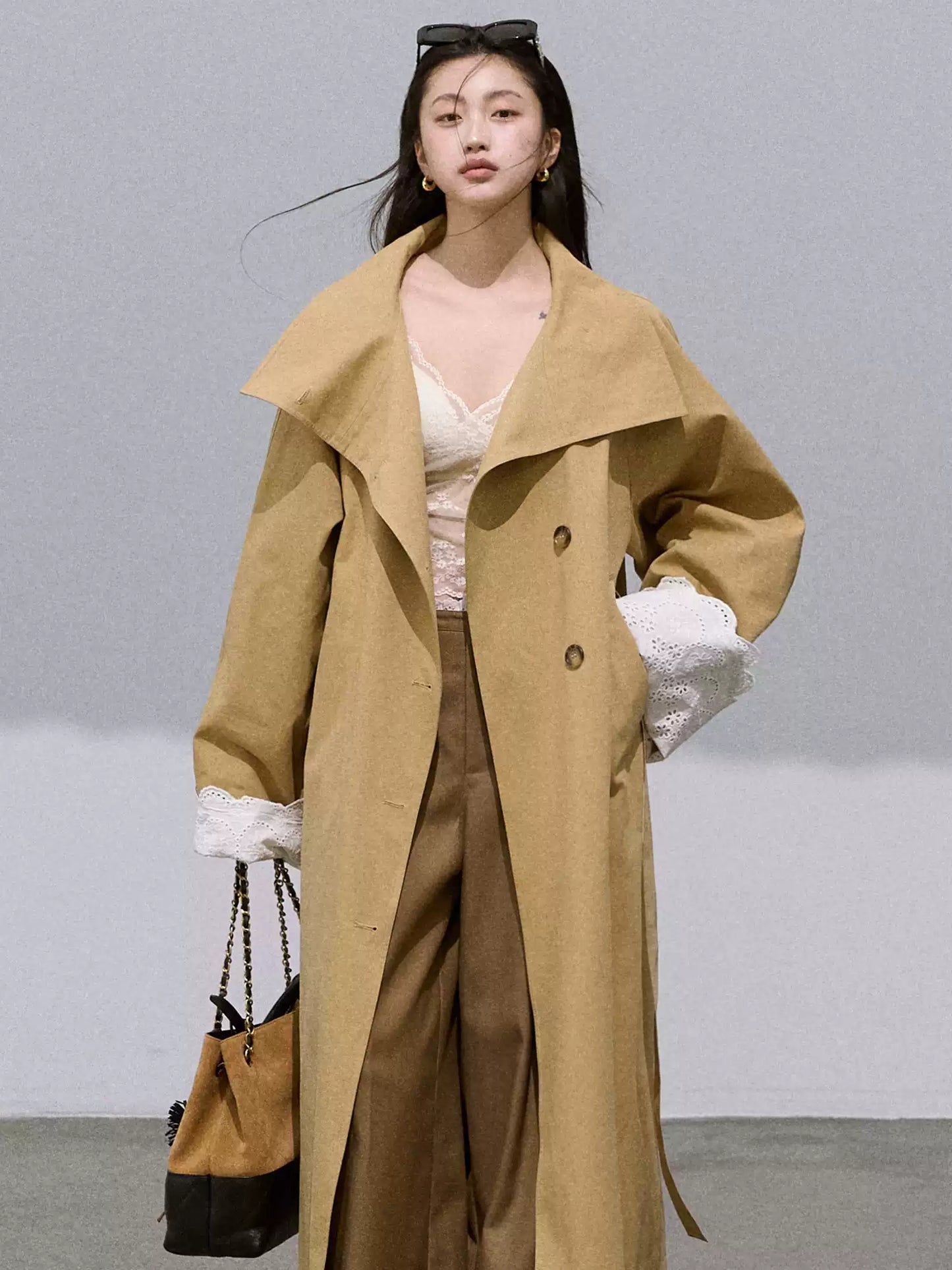 OAKMOO - "Grass Whisper" Oversized Long Trench Coat – Amber Khaki 25Q412