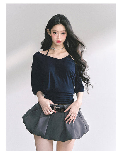 少也眼 “Smart Relax” Asymmetric Halter Short Tee - Navy