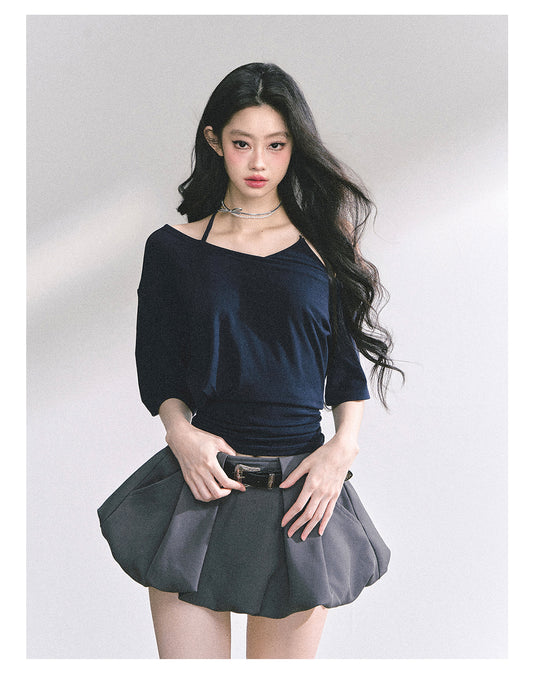 少也眼 “Smart Relax” Asymmetric Halter Short Tee - Navy