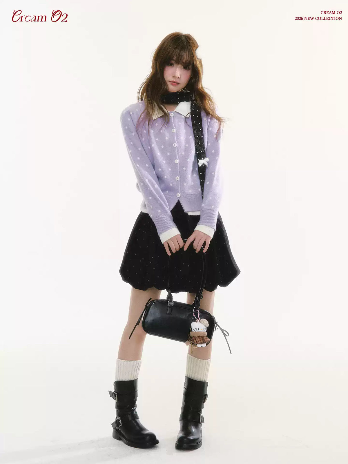 CREAMO2 - Polka Dot Knit Cardigan with Contrast Collar (Purple / Navy)