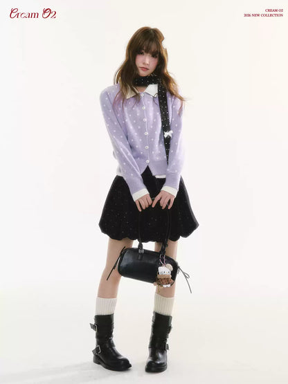 CREAMO2 - Polka Dot Knit Cardigan with Contrast Collar (Purple / Navy)