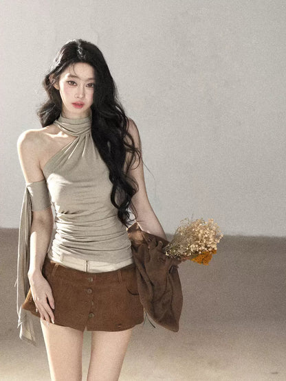 AOMALM - Halter Neck Off-Shoulder Cropped Tee in Milk Tea