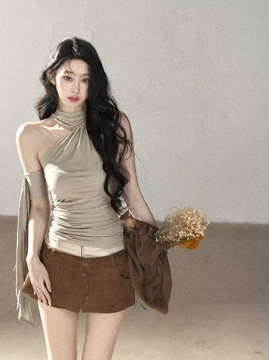AOMALM - Halter Neck Off-Shoulder Cropped Tee in Milk Tea