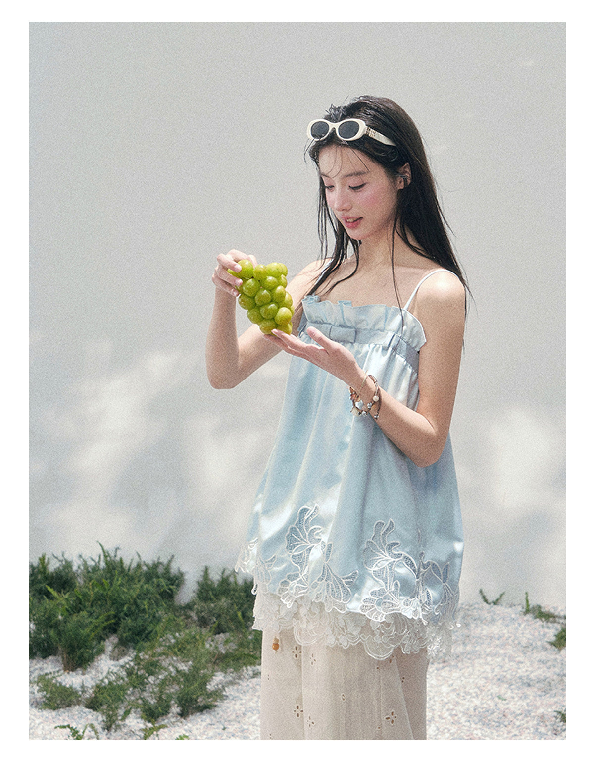 “Bouquet Summer” Glacier Blue Lace Babydoll Top
