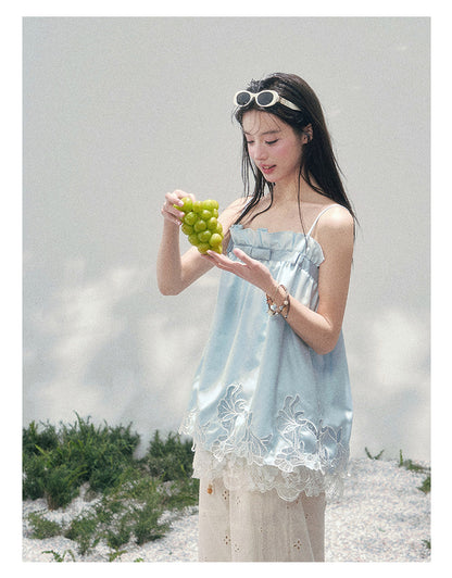 “Bouquet Summer” Glacier Blue Lace Babydoll Top