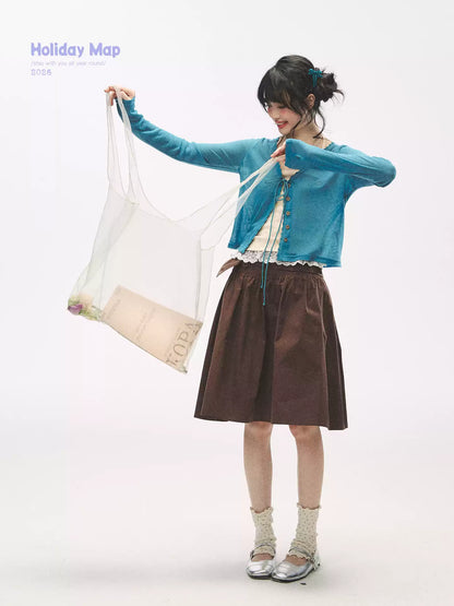 "Comfort Corner" Tie-Front Knit Cardigan (Melon Green/ Peacock Blue)