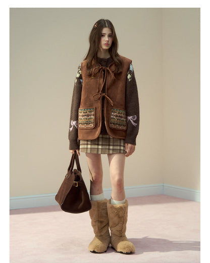 SunsetPark - "Mocha Fair Isle" Caramel Reversible Bow-Tie Faux Fur Vest Top
