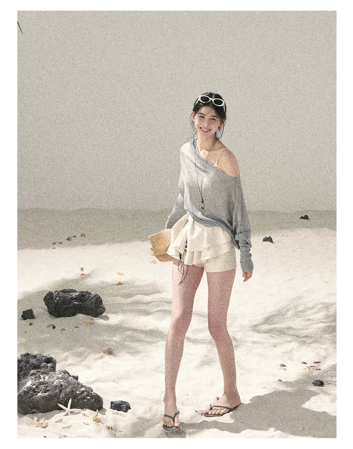 "Misty Veil Whisper" Cloud Trail Gray Off-Shoulder Sheer Sun Protection Top 5345634