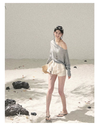 "Misty Veil Whisper" Cloud Trail Gray Off-Shoulder Sheer Sun Protection Top 5345634