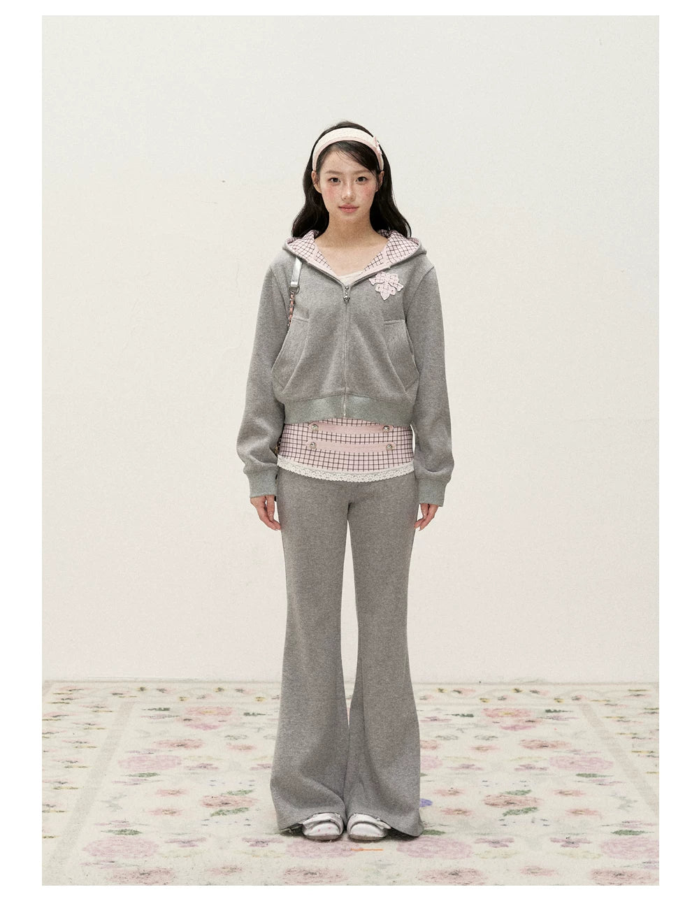 [RF] Soft Gingham Color-Block Hoodie and Flare Pants Set (Blue / Mauve)