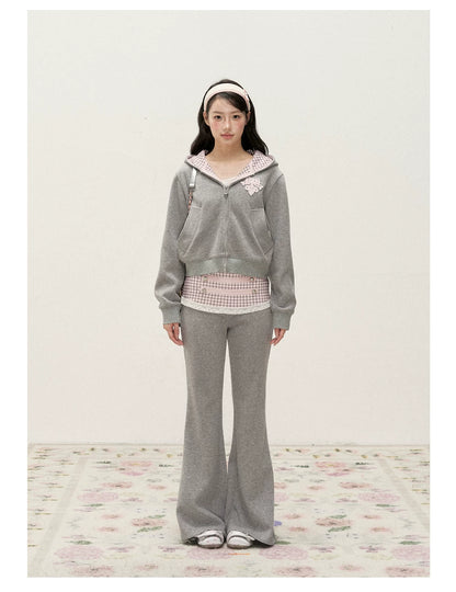 [RF] Soft Gingham Color-Block Hoodie and Flare Pants Set (Blue / Mauve)