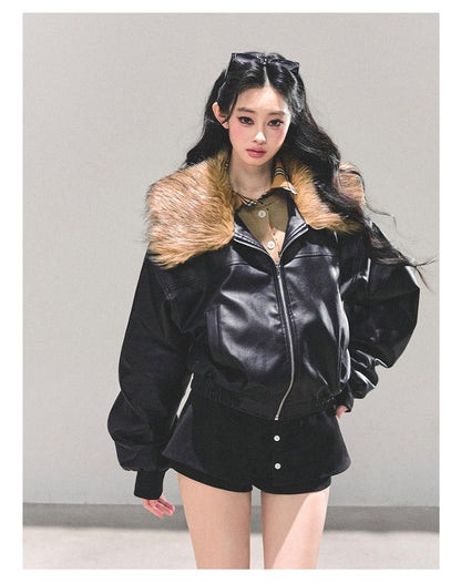 少也眼 "Whispers of a Snowy Night" Quilted PU Leather Jacket 54634864