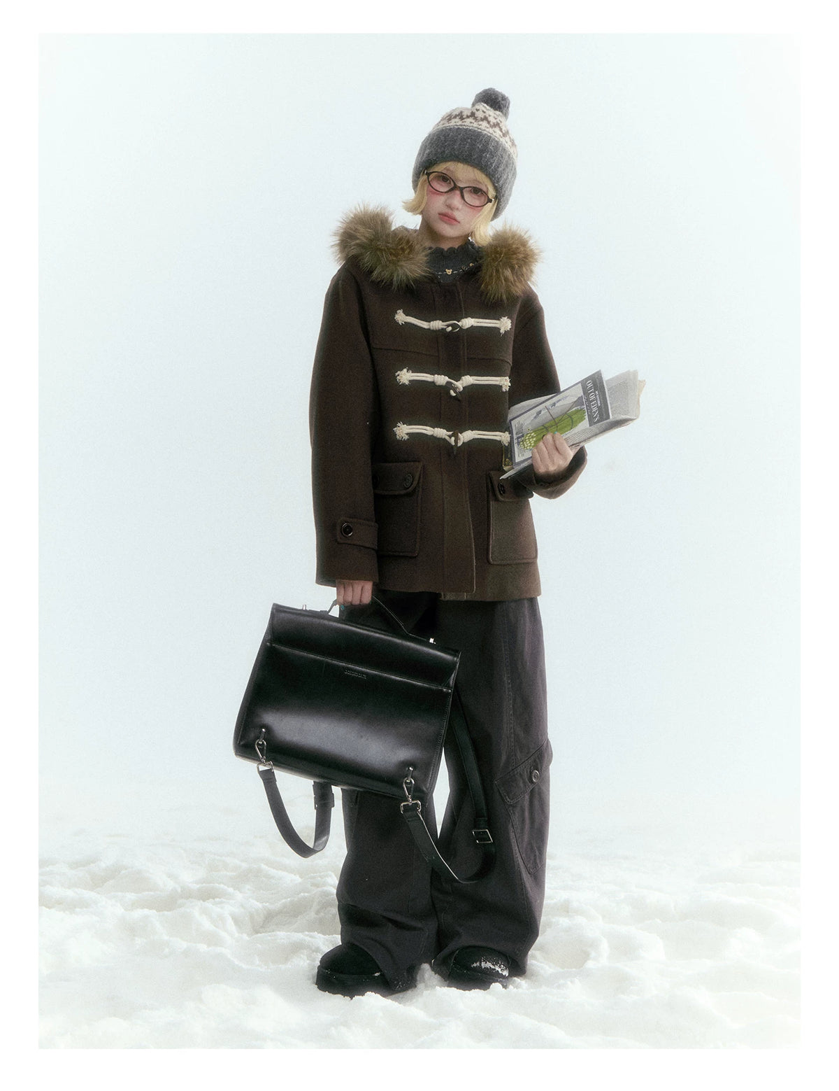 Horridale - Dark Coffee Brown Cropped Hooded Toggle Coat with Detachable Faux Fur Collar