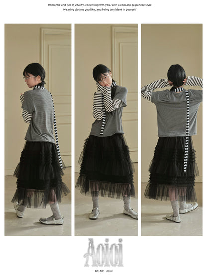 "Misty Layers" Tiered Mesh Skirt (Black / Greige)