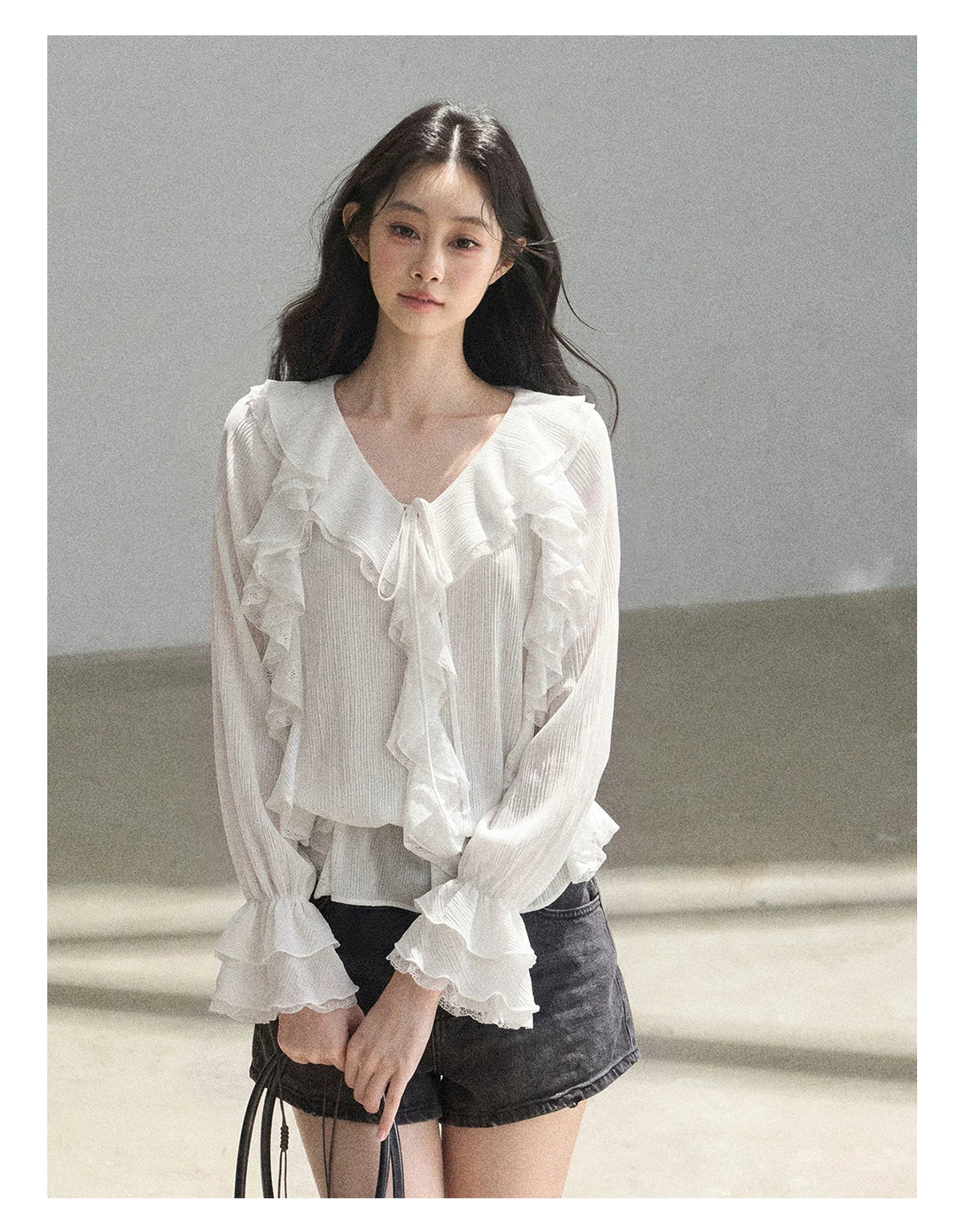 AOMALM - "A Featherlight Touch" French Camellia White Lace Chiffon Top with Belt (Camellia / Oatmeal / Cinnamon Pink)