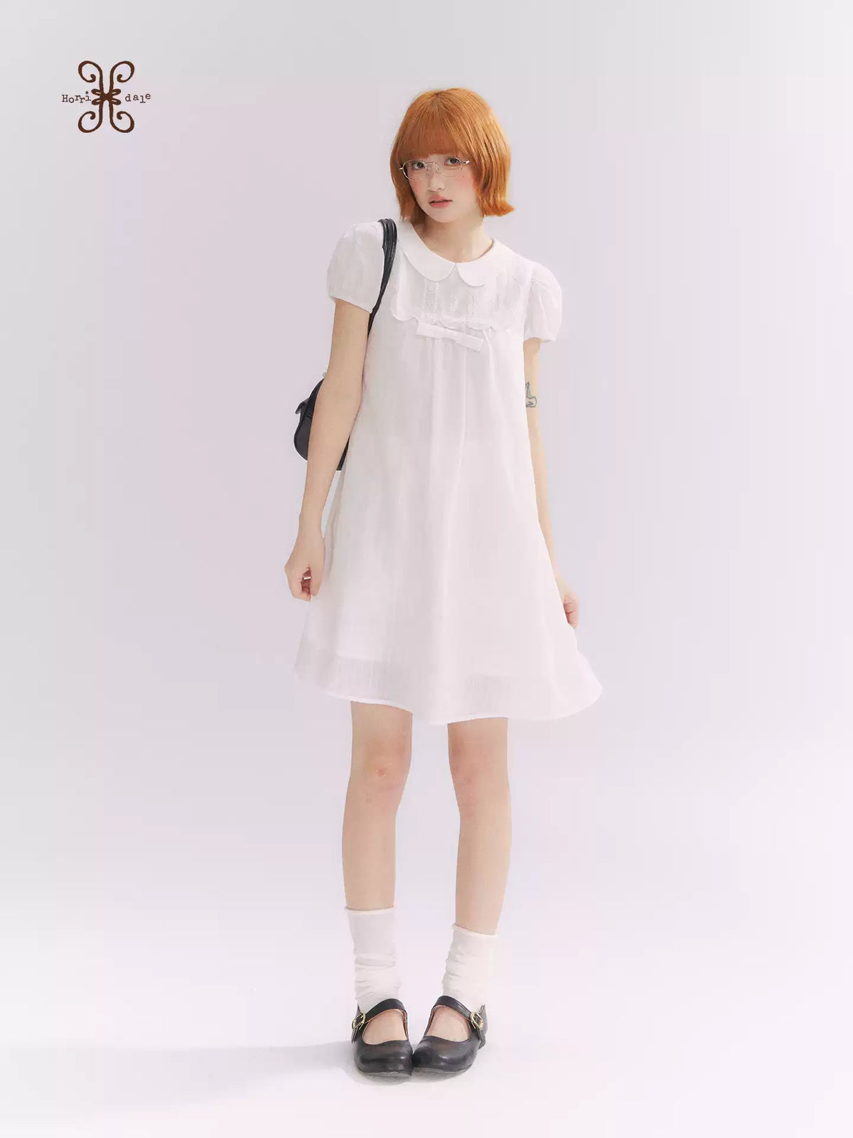 “Lace Sleep Song” White Embroidered Puff Sleeve Babydoll Dress