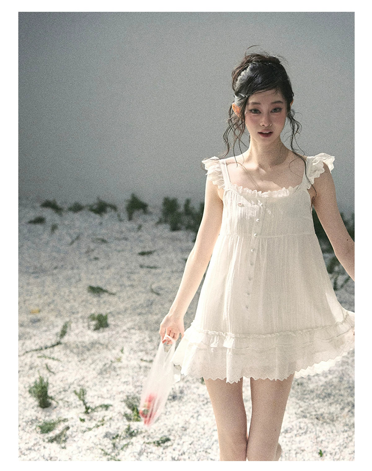 "Shimmer Along the Hem" Cloud White Lace Flutter Sleeve Babydoll Mini Dress 53413