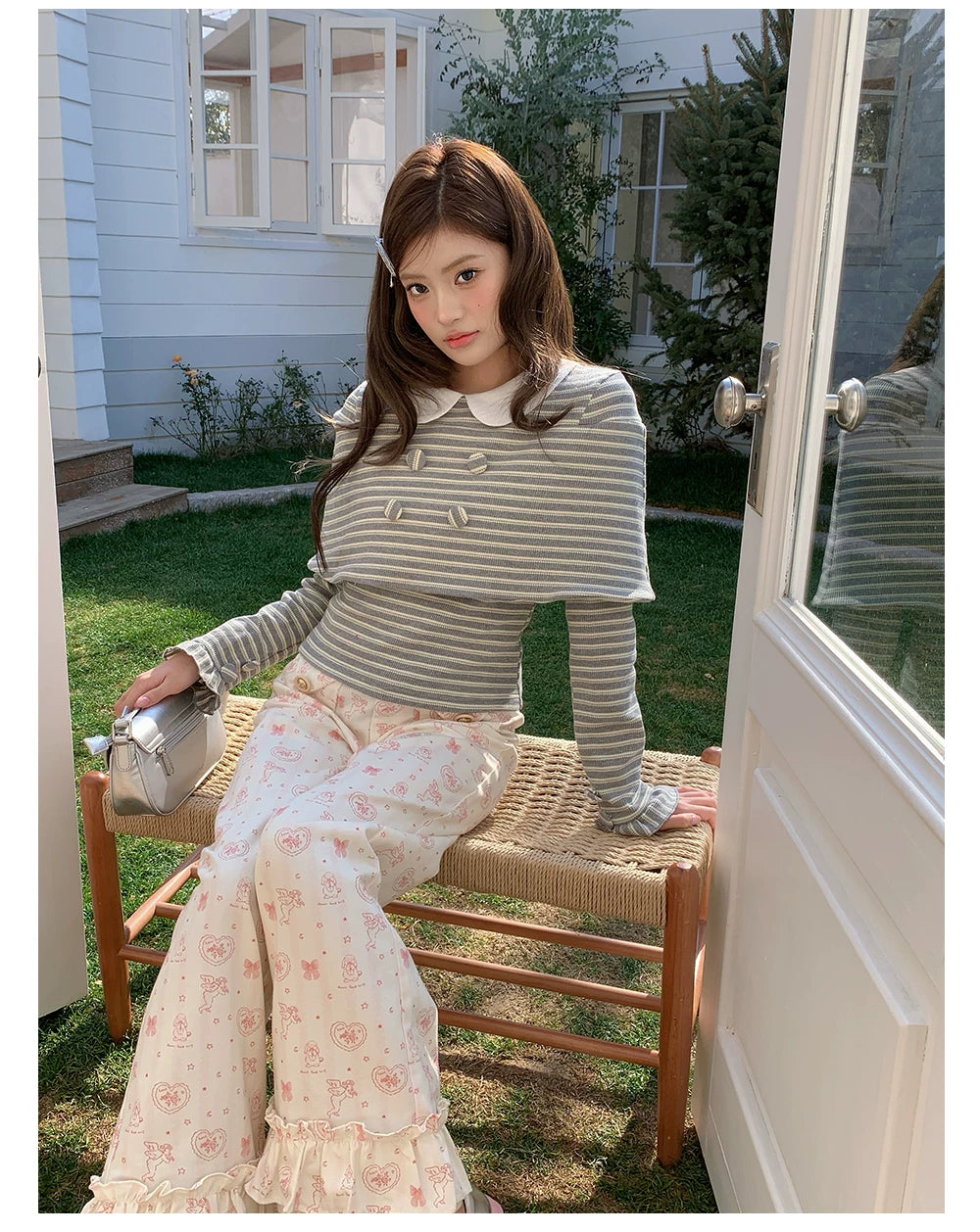 “Misty Sonata” Grey Layered Stripe Knit Top