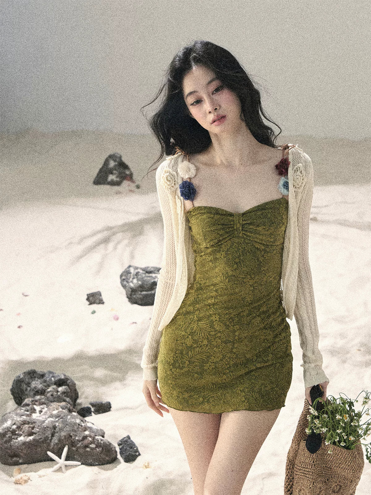 "Entwined Vines" Olive Mist Bodycon Dress & Cardigan Set 543648532