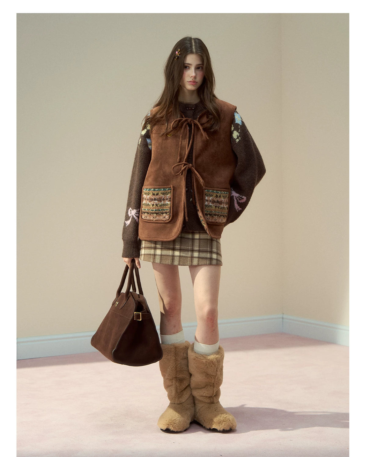 SunsetPark - "Mocha Fair Isle" Caramel Reversible Bow-Tie Faux Fur Vest Top