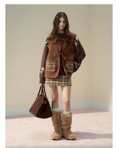 SunsetPark - "Mocha Fair Isle" Caramel Reversible Bow-Tie Faux Fur Vest Top