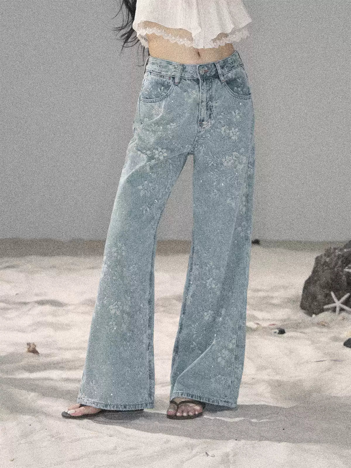 "Twinkling Starlight" Sky Blue Floral Rhinestone Wide-Leg Jeans