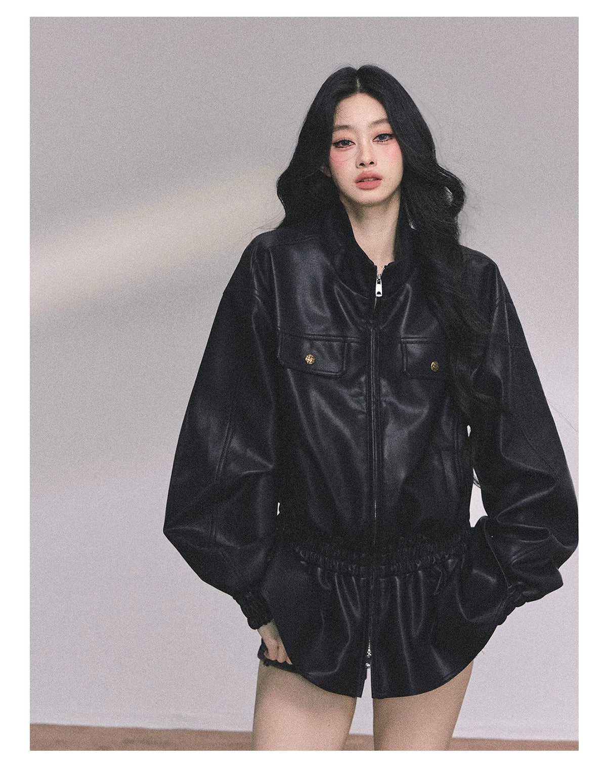 AOMALM - Burgundy PU Suede Jacket & A-Line Shorts Set