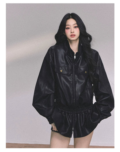 AOMALM - Burgundy PU Suede Jacket & A-Line Shorts Set