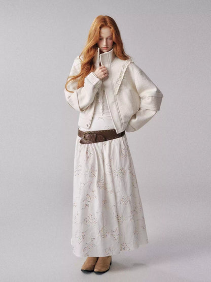 "云卷云舒" White Jacquard Short Jacket with Ruffle Collar